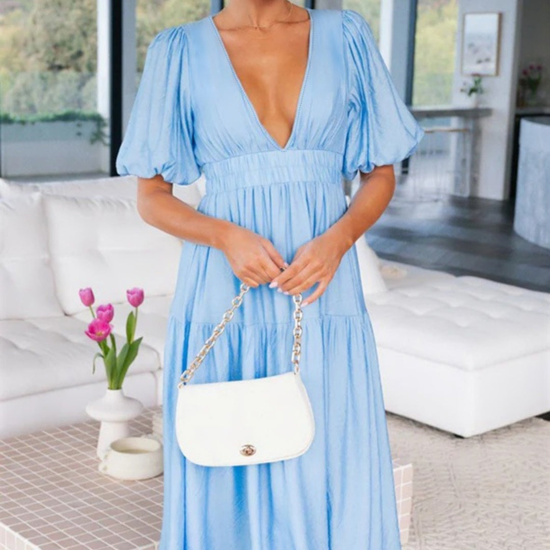 V-neck Waist-tight Mid-length Dress