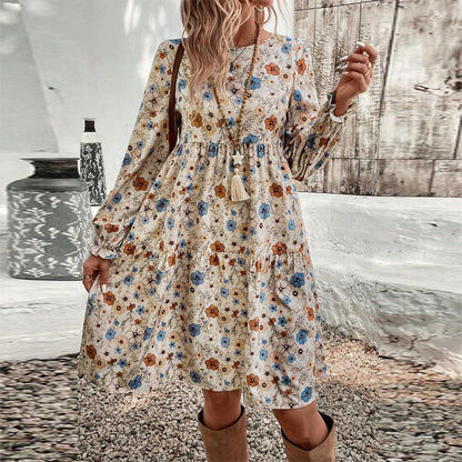 Women's Floral Print Boho Dress – Round Neck, Smocked Cuff, Midi Length