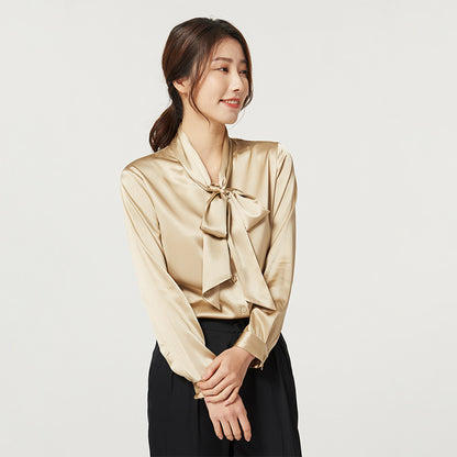 Women’s Long Sleeve Silk Shirt | Elegant V-Neck Plain Silk Blouse