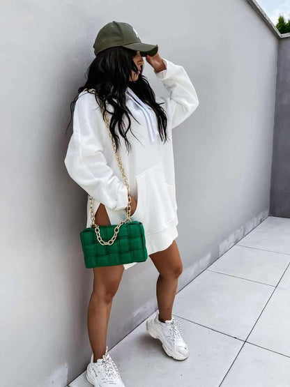 Women's Hooded Sweatshirt With Pockets Fashion Casual Split Mid-length Sweater Drawstring Tops