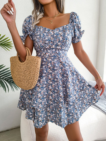 Elegant Floral Lace-up Waist-controlled Large Hem Dress