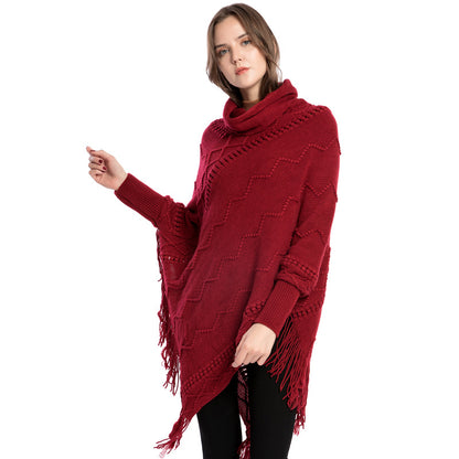 Acrylic Fringed Sweater High Collar Warm Sleeve Pullover Cloak - myETYN