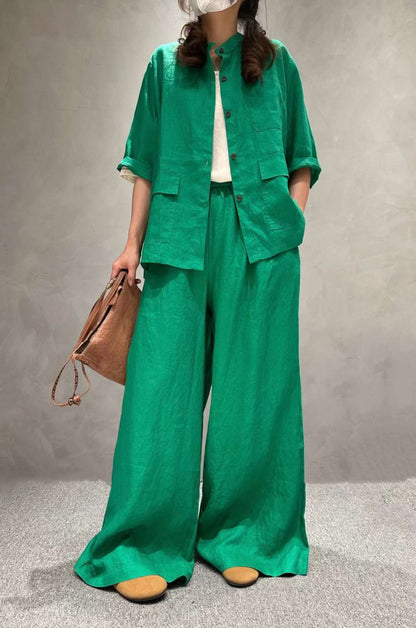 Women's Linen Co-Ord Set | Half Sleeve Shirt & Wide-Leg Pants