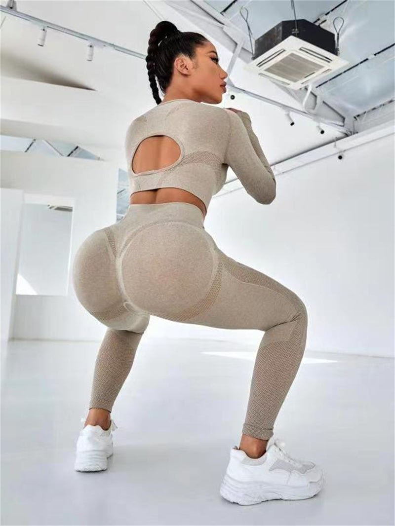 2pcs Sports Suits Long Sleeve Hollow Design Tops And Butt Lifting High Waist Seamless Fitness Leggings Sports Gym Sportswear Outfits Clothing - myetyn