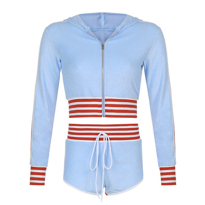Contrast Sport Zip Cardigan Top Two Piece Sports Style Suit