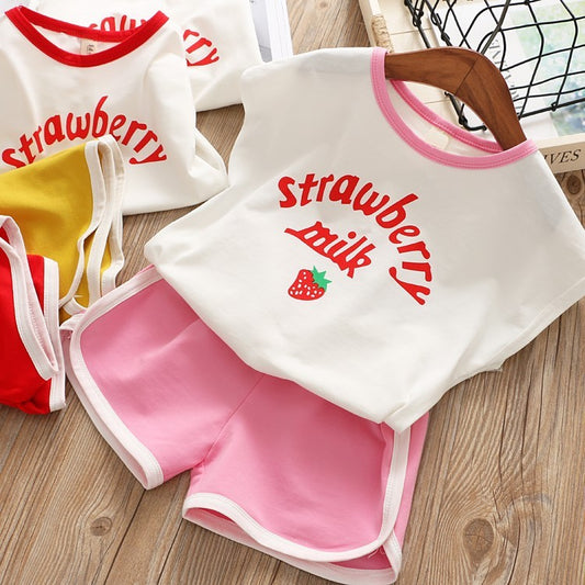 Girls Korean Strawberry Print Tank Top Shorts Two-Piece Set