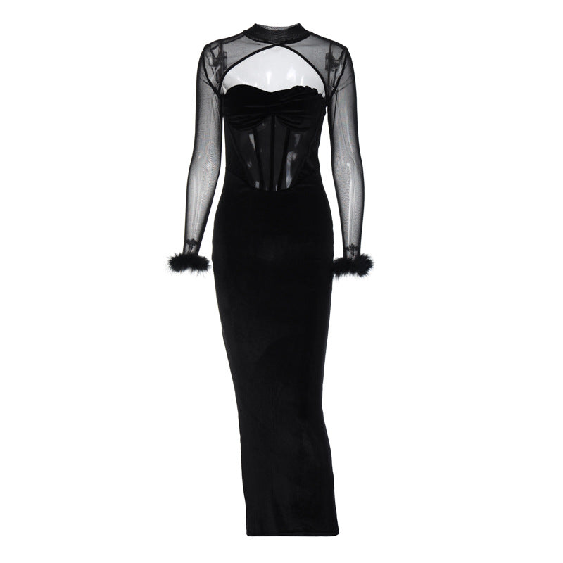 Women's Plush Mesh Stitching Sexy Hollow Dress - myETYN