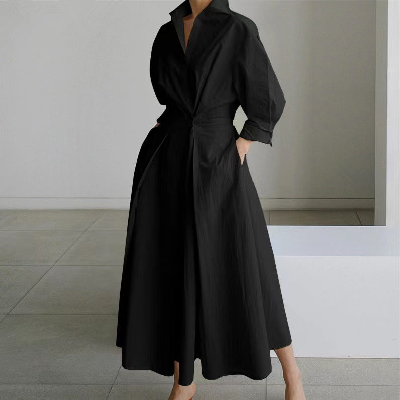 Long-Sleeve Elastic Waist Swing Maxi Dress