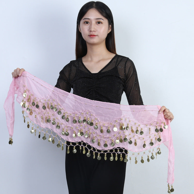 98 Coins Belly Dance Waist Chain Chiffon Three-layer Gold Coin Belt Indian Dance Exercise And Performance Hip Scarf Scarf