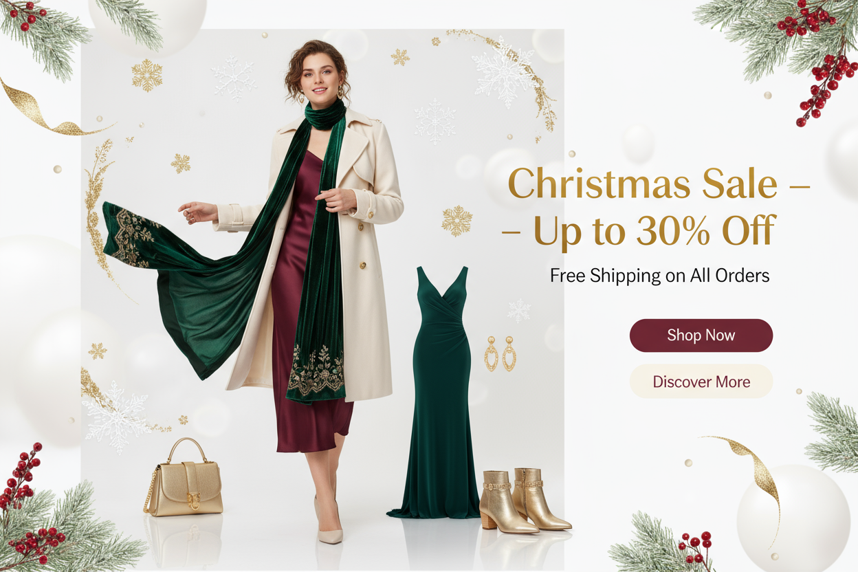 Create a modern, elegant Christmas Sale teaser webpage for myetyn.com, a women’s fashion store. Feature a stylish female model in trendy winter outfits (coats, dresses, scarves) with festive Christmas décor — snowflakes, gold accents, warm red-green tones. Highlight text: “Christmas Sale – Up to 30% Off” and “Free Shipping on All Orders.” Add Shop Now and Discover More buttons. Include handbags, dresses, shoes, and accessories subtly around the model. Keep it clean, premium, mobile-friendly, with luxury fas