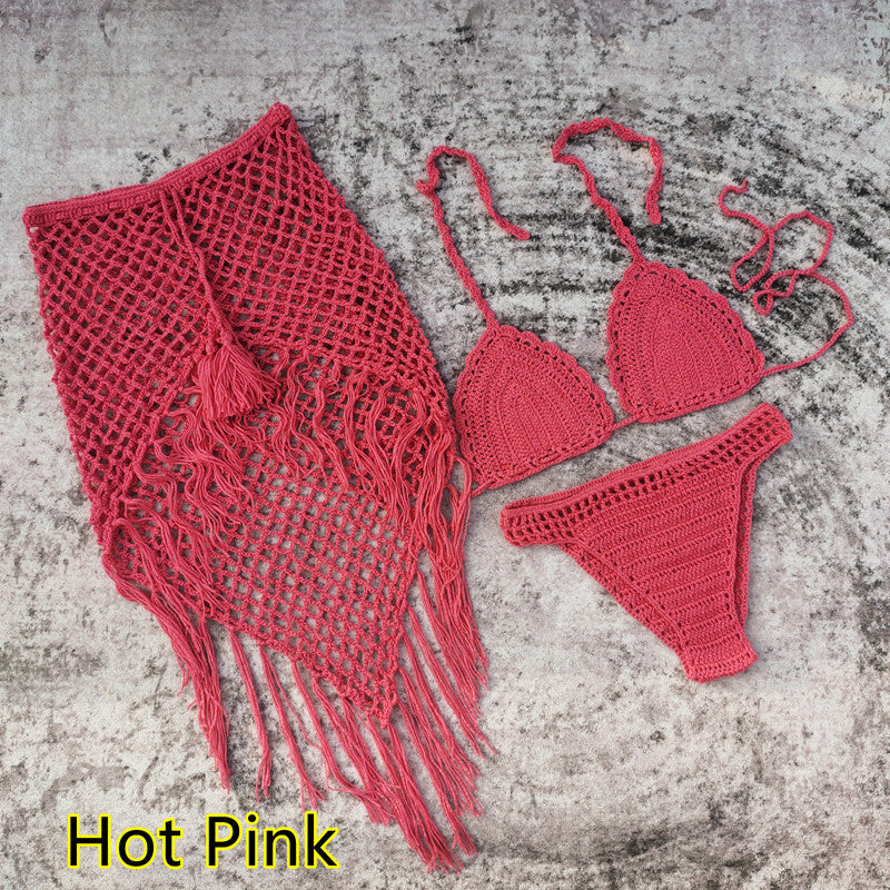3-piece European And American Handmade Crochet Bikini Beach Skirt Swimsuit Suit