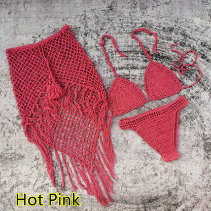3-piece European And American Handmade Crochet Bikini Beach Skirt Swimsuit Suit