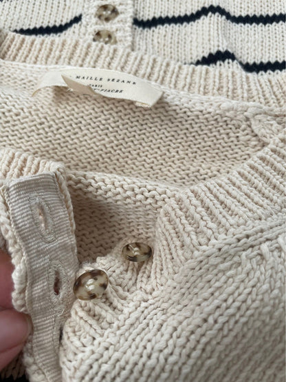 Women’s Vintage Striped Button-Up Sweater – Long Sleeve Round Neck Puff Sleeve