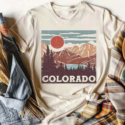Women's Round Neck Short Sleeve T-Shirt - Sun Over Mountains & 'COLORADO' Print, Casual Summer Tee