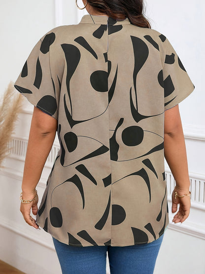 Plus-size Irregular Print Blouse For Women - Elegant Short-sleeve Work Top For Summer
