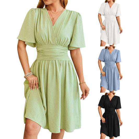 V-neck Short-sleeved Dress Fashion Bell-sleeved Dress Summer Womens Clothing - myETYN