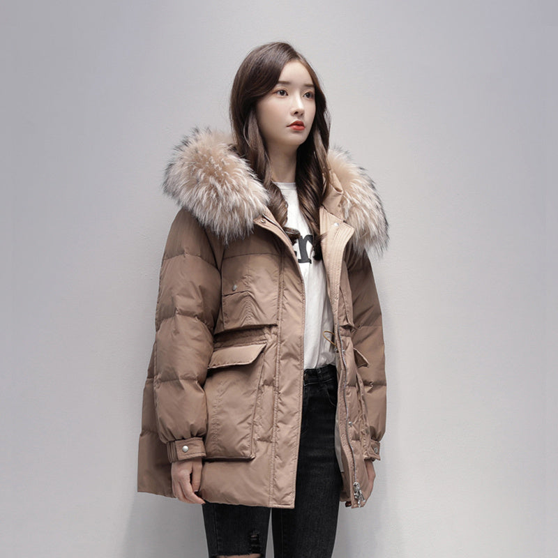 Down Jacket Women's Mid-length Raccoon Fur Collar Pie Overcomes White Duck Down