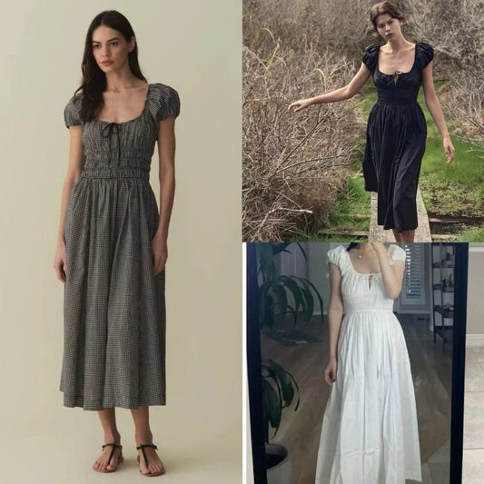 Women's Black Plaid Cotton Puff Sleeve Waist-controlled Large Hem Lace-up Dress