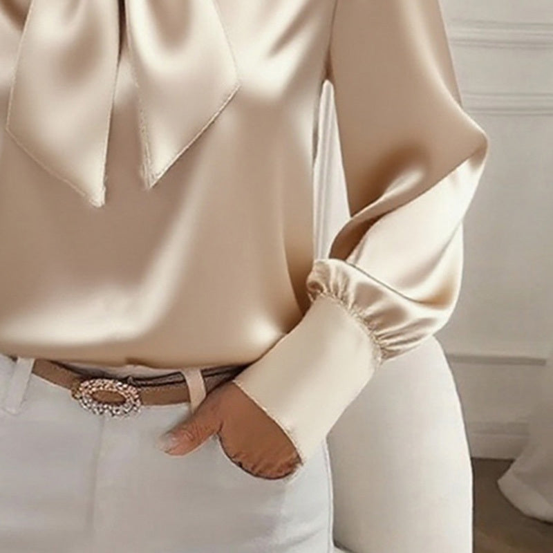 Women’s Elegant Satin Bow Blouse – Long Sleeve Casual Shirt for Spring & Fall