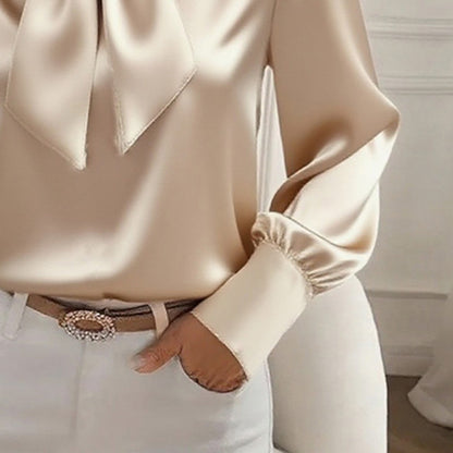 Women’s Elegant Satin Bow Blouse – Long Sleeve Casual Shirt for Spring & Fall