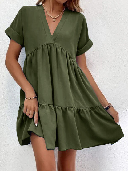 New Short-sleeved V-neck Dress Summer Casual Sweet Ruffled Dresses Solid Color Holiday Beach Dress For Womens Clothing