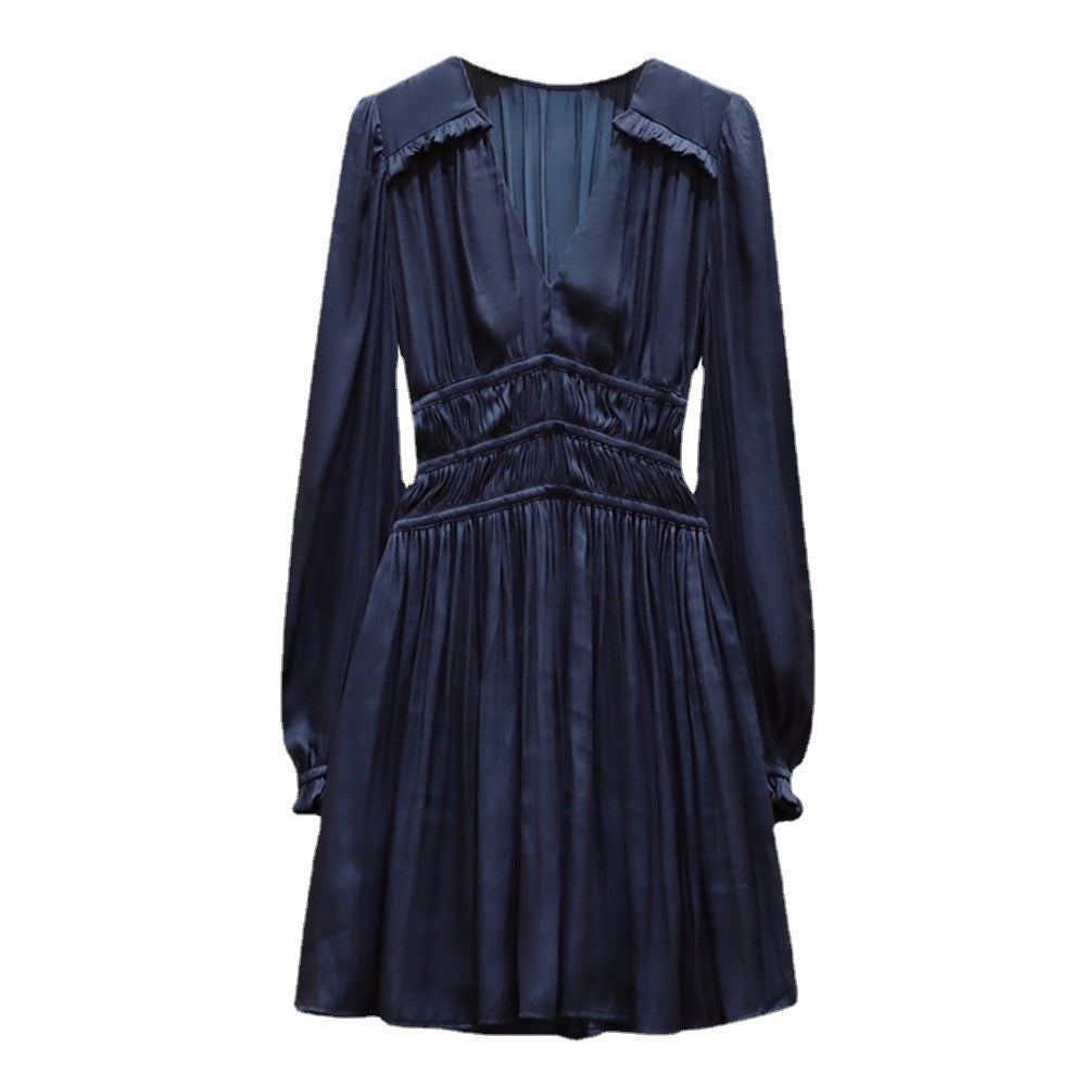 V-neck Waist-controlled Slimming Pleated Long Sleeve Dress