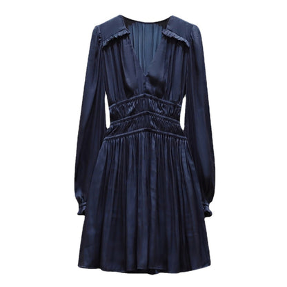 V-neck Waist-controlled Slimming Pleated Long Sleeve Dress