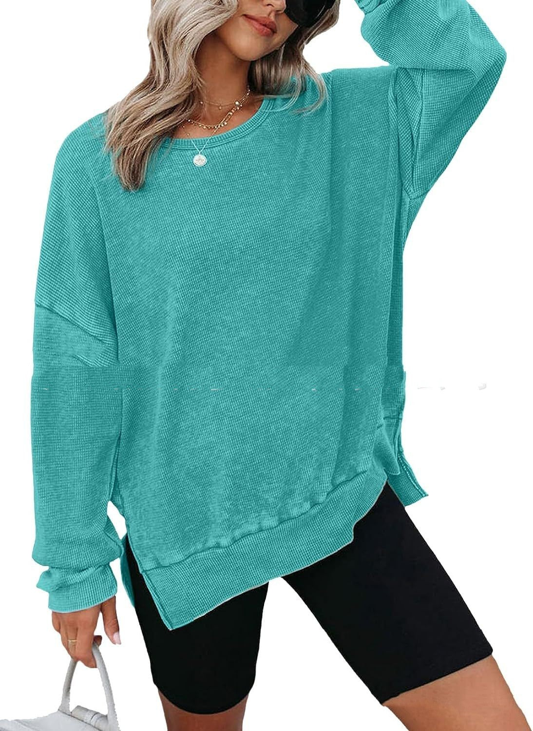 Round Neck Long Sleeve Side Slit Waffle Sweater
