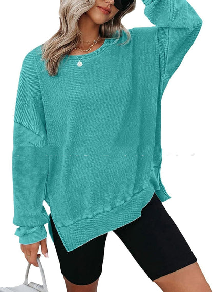 Round Neck Long Sleeve Side Slit Waffle Sweater