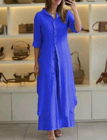 Urban Elegant Cotton And Linen Slim-fit Waist-tight Long Shirt Wide-leg Pants Suit