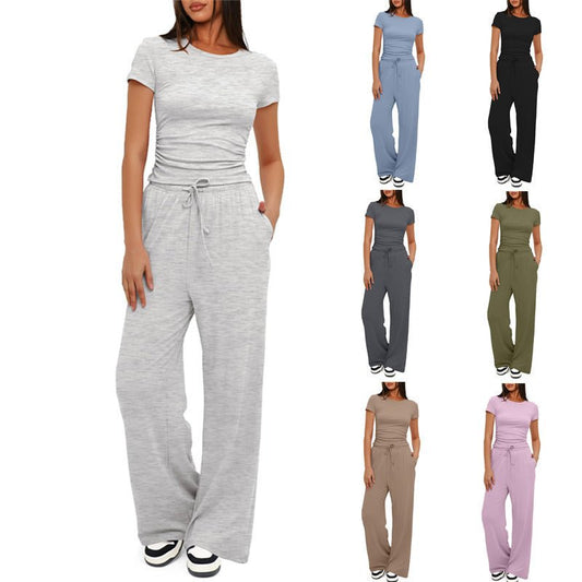 2pcs Solid Color Casual Sports Yoga Suit Short - sleeved Top And High - waisted Drawstring Wide - leg Pants Summer Fashion Set For Womens Clothing - myetyn