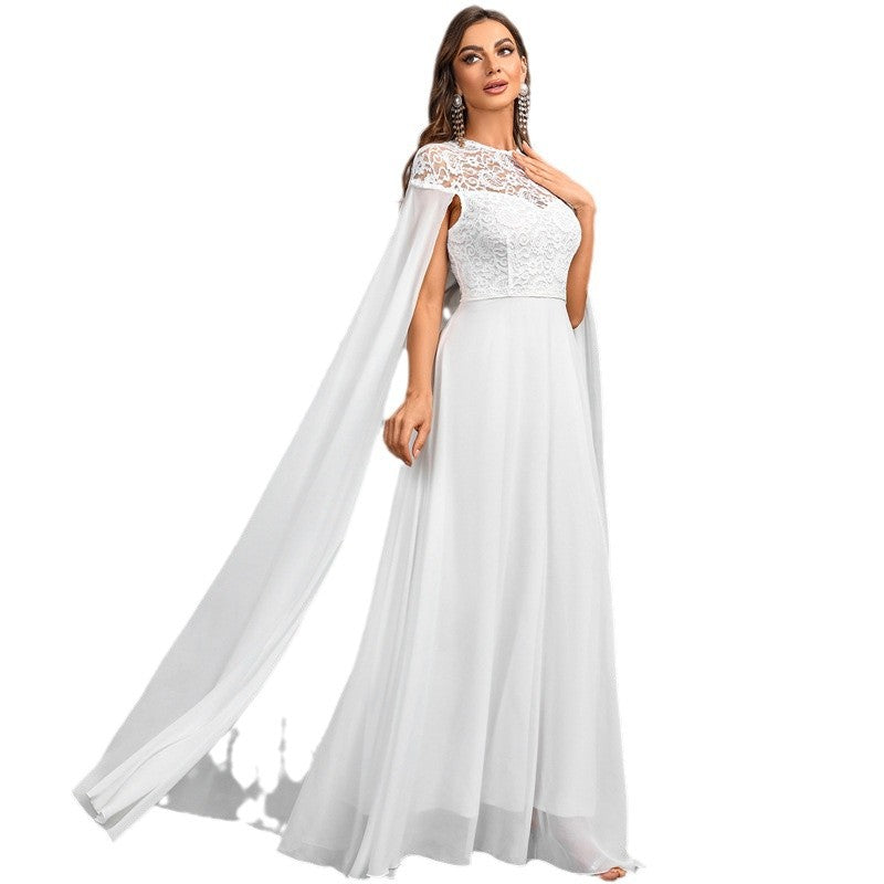 Women’s Plus Size Chiffon Round Neck Lace Cloak Evening Dress – Long White Gown