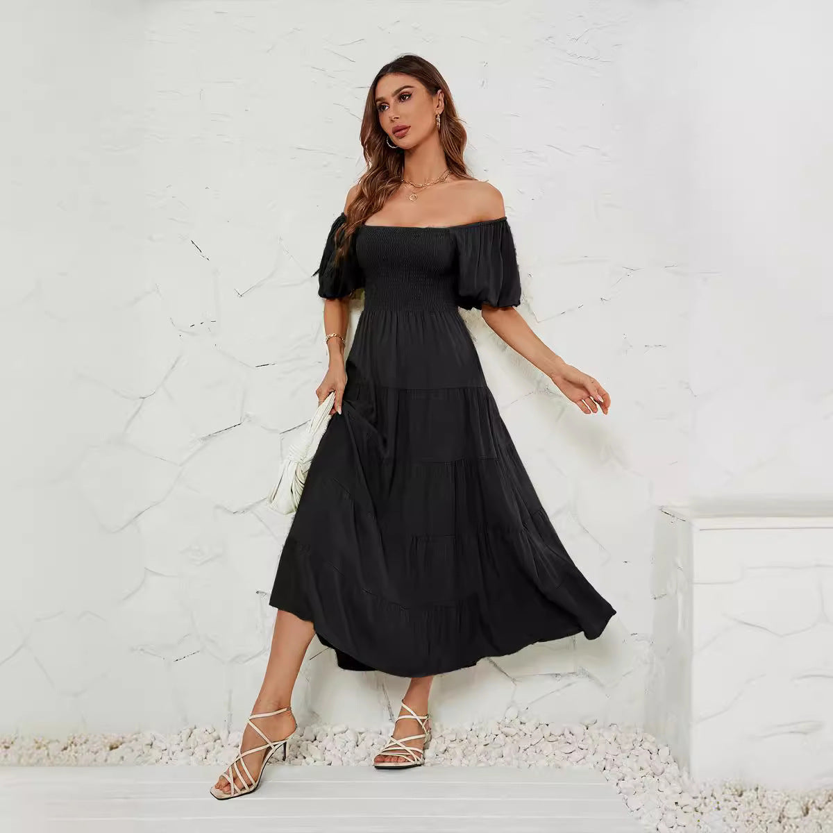 Summer Square Collar Backless Puff Sleeve Dress Women