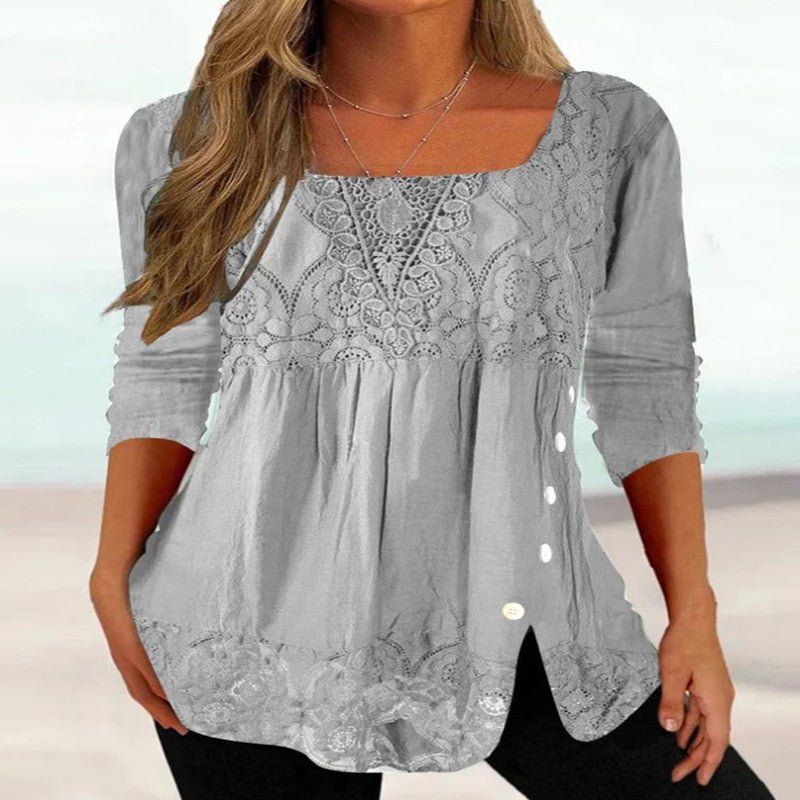 Half-sleeved And Waisted Casual Lace Stitching T-shirt Top