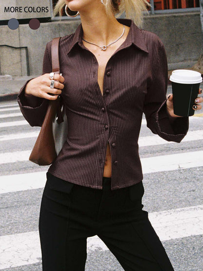 Lapel Breasted Cardigan Long Sleeve Shirt Slim Striped Top