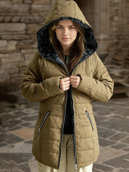 Ladies' Hooded Long-Sleeved Warm Cotton-Padded Jacket with Fleece