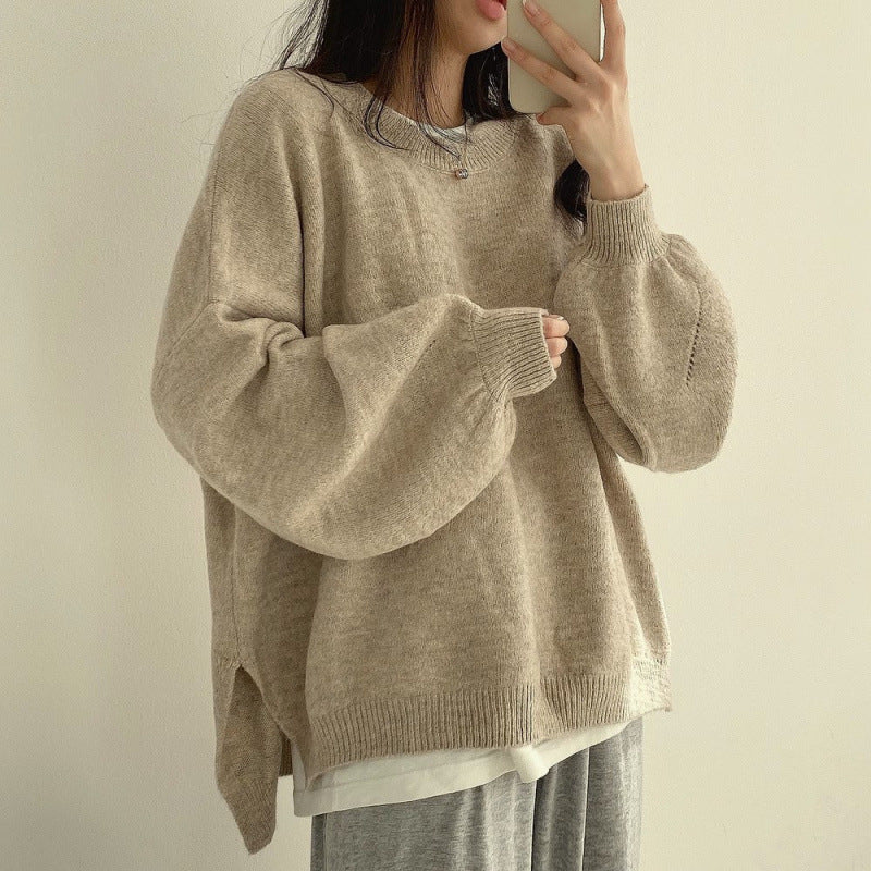 Temperament Crew Neck Pullover Lantern Sleeve Sweater for Women