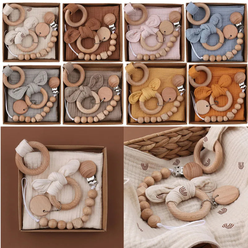 Baby Bath Toy Set Wooden Rattle Infant Babyplay Cotton Comfort Towel Baby Teether Wood Ring Baby Shower Gift