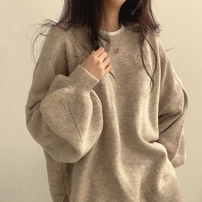Crewneck Lantern Sleeve Oversized Wool Sweater for Women