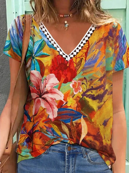 Women's V-neck Lace Casual Top Short Sleeve Printed Stitching T-shirt