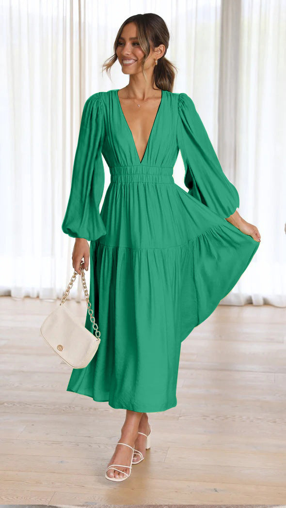 V-neck Waist-controlled Long Sleeves Dress Women
