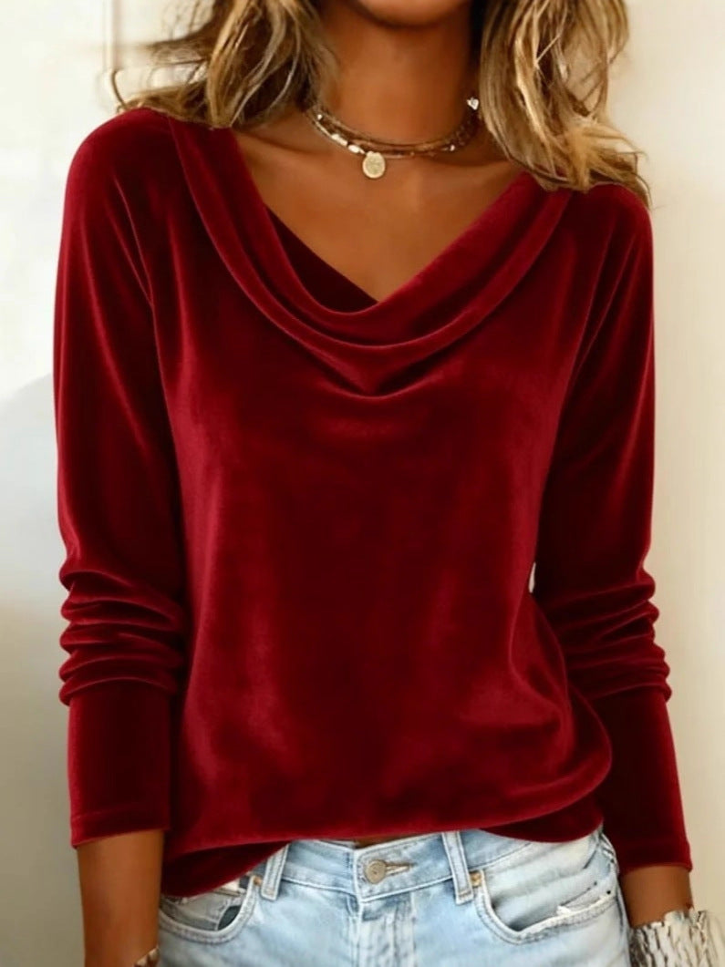 Elegant Velvet Long Sleeve Blouse for Women | Solid Color Loose Fit Pullover Top for Fall & Spring Party Wear