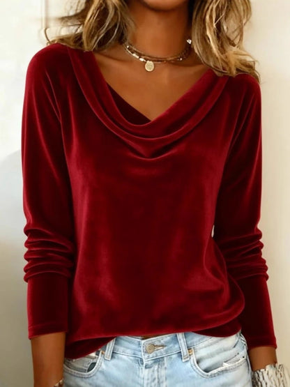 Elegant Velvet Long Sleeve Blouse for Women | Solid Color Loose Fit Pullover Top for Fall & Spring Party Wear