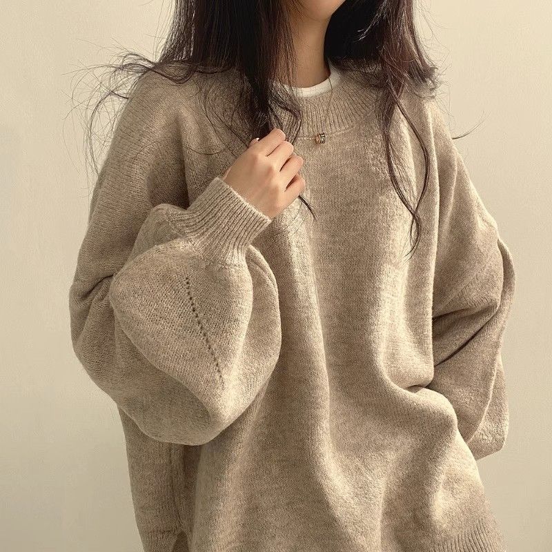 Temperament Crew Neck Pullover Lantern Sleeve Sweater for Women