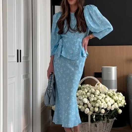 Womens Crew-neck Printed Top And Skirt Set