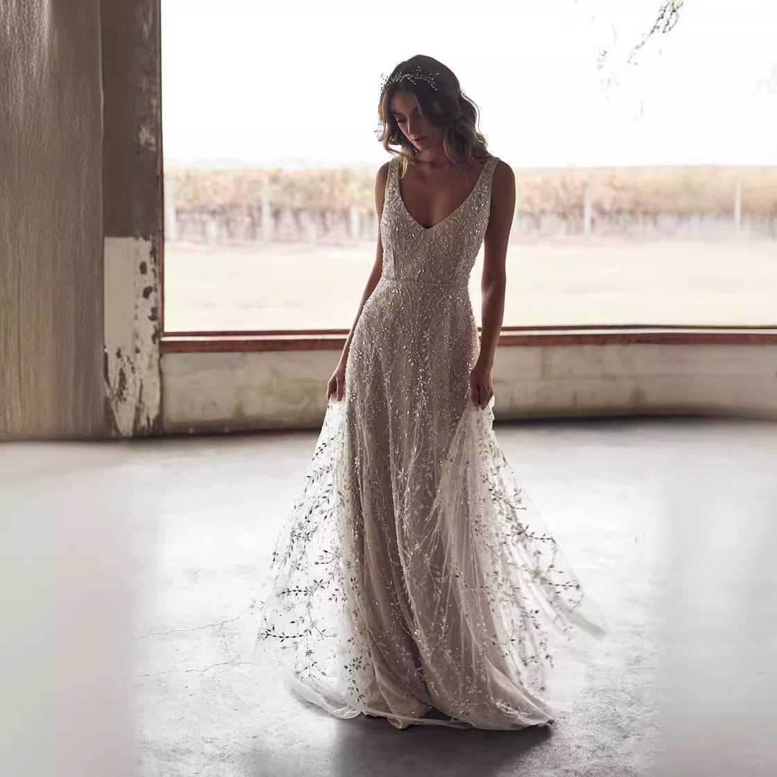 Women’s Long Bronzing Maxi Dress – V-Neck Party & Evening Wear