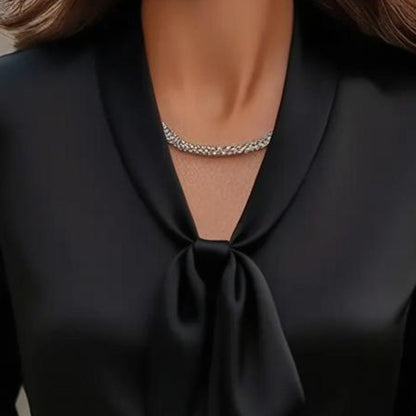 Women’s Elegant Satin Blouse with Ribbon Tie – Long Sleeve Button-Down Office Shirt | Business Casual Silk-Look Top