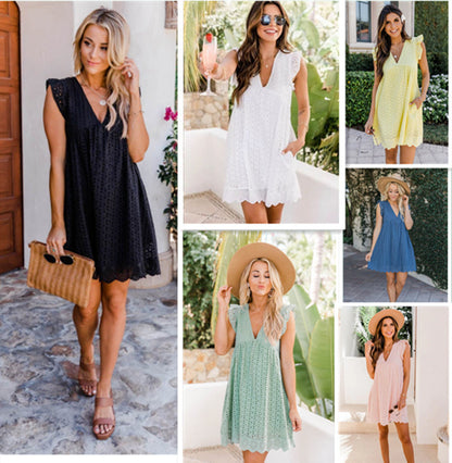 Lace Dresses With Pocket Summer Sleeveless Jacquard Cutout V-Neck Beach Dress