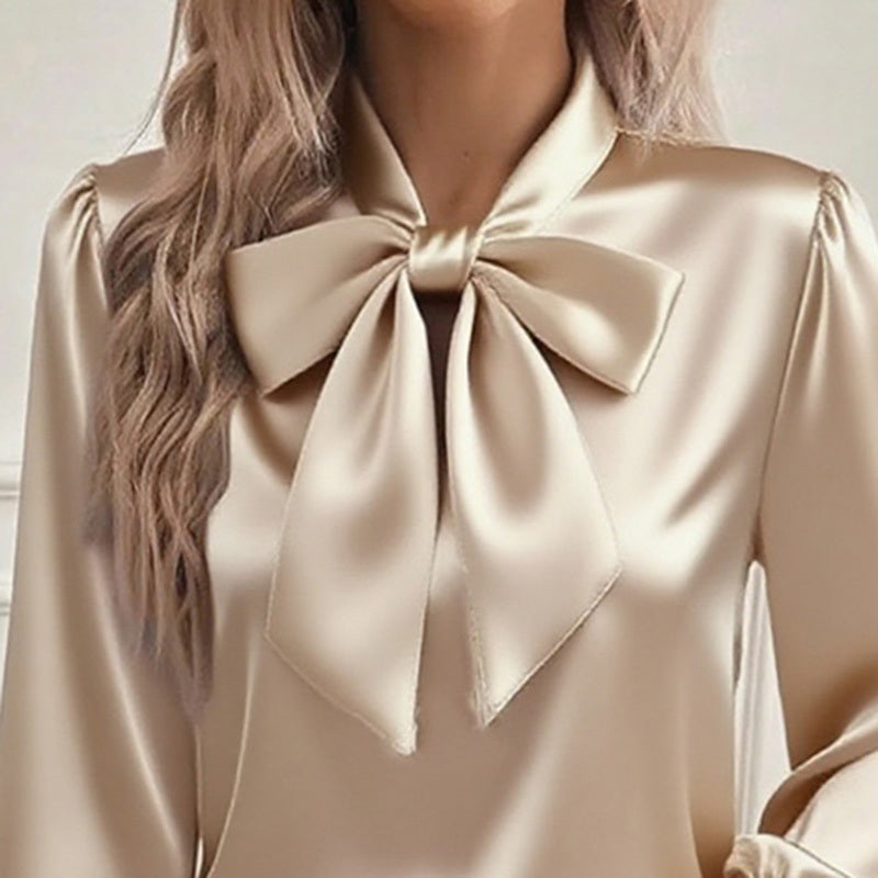 Women’s Elegant Satin Bow Blouse – Long Sleeve Casual Shirt for Spring & Fall