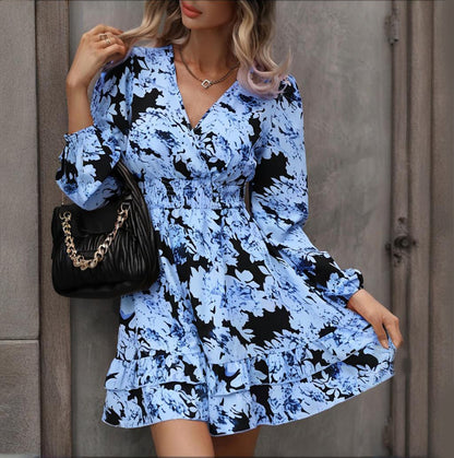 Women's Elegant Printed Lantern Sleeve A-Line Dress V-Neck, Ruffled Gathered Waist Detail, Flowy Midi Dress For Casual & Formal Occasions